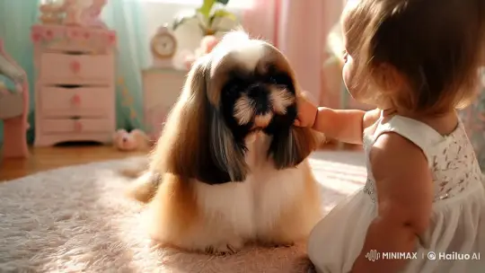 Baby and Sight Tzu Share a Serene Moment in Sunlit Room – AI Generated Video | Hailuo AI
