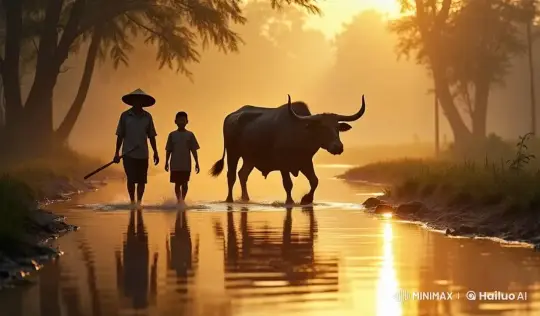 Golden Morning: Harmony of People, Buffalo, and Nature – AI Generated Video | Hailuo AI