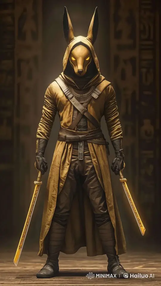Mysterious Anubis Figure Prepares with Swords in Ancient Setting – AI Generated Video | Hailuo AI