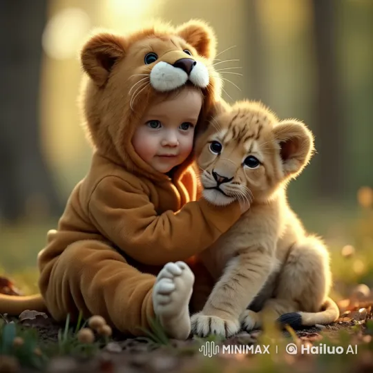 Child and Lion Cub Bonding in Gentle Scene – AI Generated Video | Hailuo AI