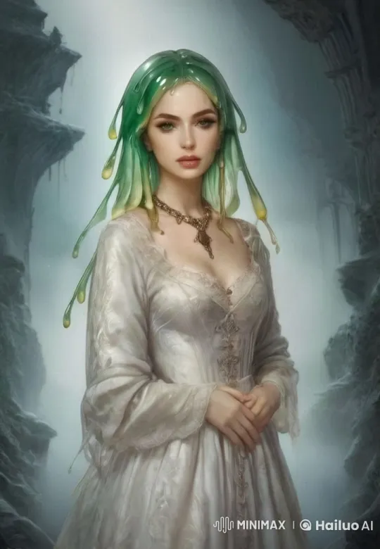 Mystical Woman with Slime-Like Green Hair in Enchanted Cavern – AI Generated Video | Hailuo AI