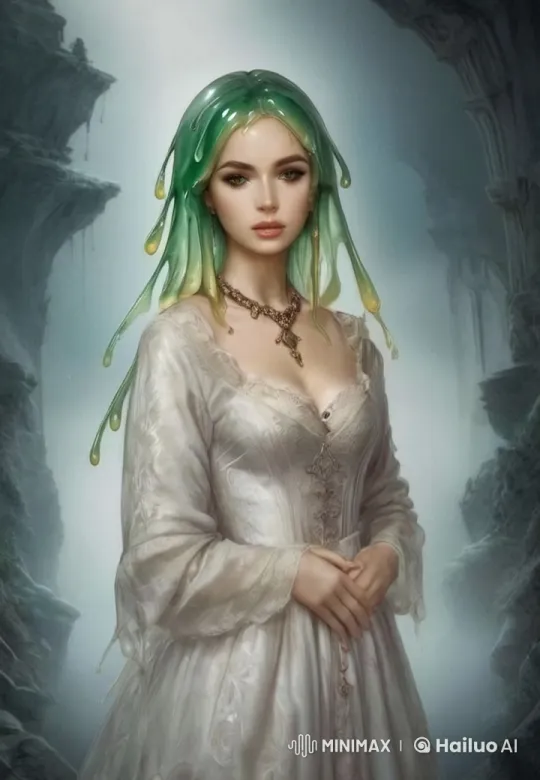Mystical Woman with Green Slime Hair in Ancient Ruins – AI Generated Video | Hailuo AI