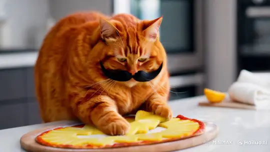 Plump Cat Prepares Pineapple Pizza in Elegant Kitchen – AI Generated Video | Hailuo AI