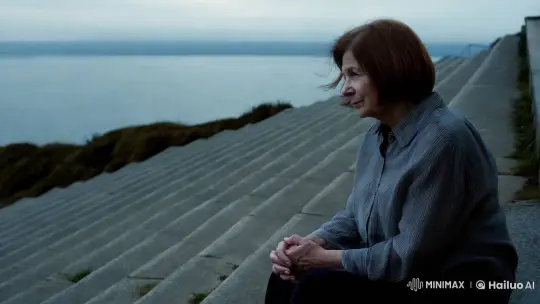 Contemplative Woman on Steps by Reflective Waterscape – AI Generated Video | Hailuo AI