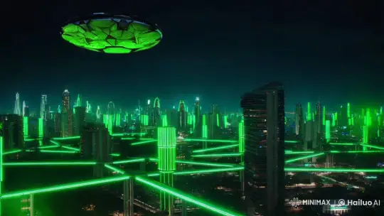 Mysterious UFO Overlooks Futuristic Cityscape in Eerie Green Glow – AI Generated Video | Hailuo AI