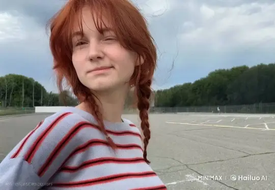 Red-haired Woman in Striped Sweater Stands in Parking Lot – AI Generated Video | Hailuo AI