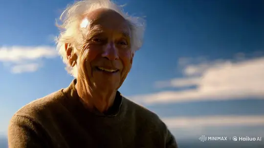 Elderly Man in Sunlit Serenity with Wispy Clouds – AI Generated Video | Hailuo AI