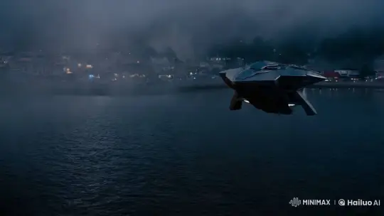 Alien Ship Hovering Over a Foggy Coastal Town – AI Generated Video | Hailuo AI