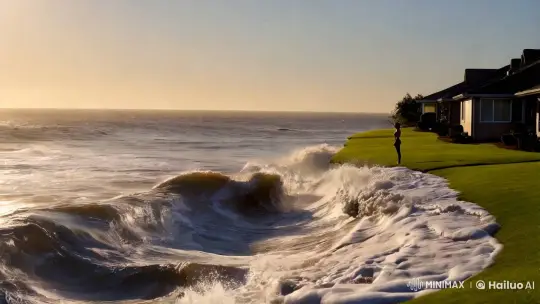 Suburban Backyard Meets Ocean Waves in Surreal Scene – AI Generated Video | Hailuo AI