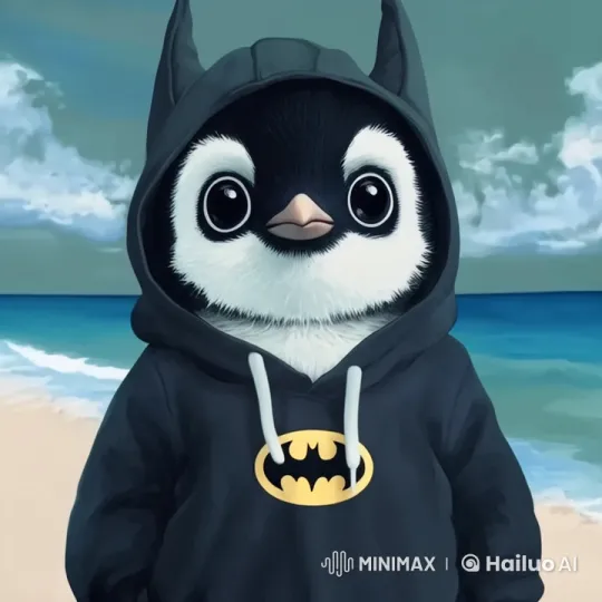 Cute Penguin in Batman Hoodie on Serene Beach – AI Generated Video | Hailuo AI
