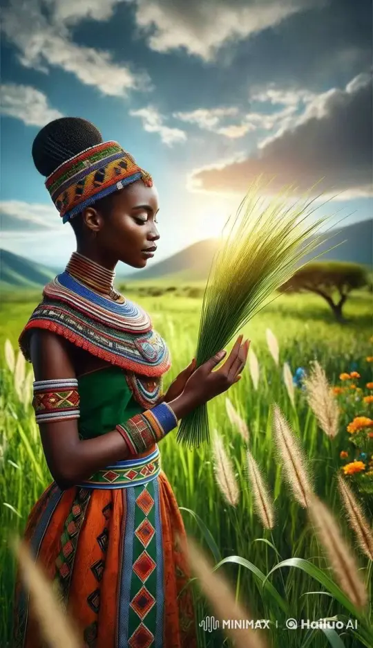Woman in Vibrant Attire Examines Grass in Peaceful Landscape – AI Generated Video | Hailuo AI