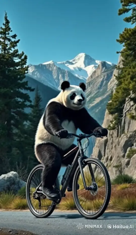 Panda Bicycle Ride Through Majestic Mountain Scenery – AI Generated Video | Hailuo AI