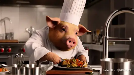 Pig Chef Preparing Artful Dish in Modern Kitchen – AI Generated Video | Hailuo AI