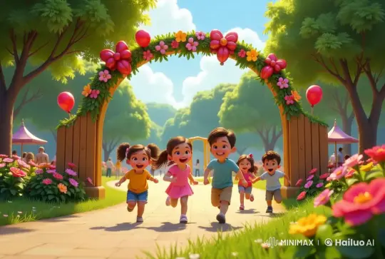 Joyful Kids Running Through Colorful Park Scene – AI Generated Video | Hailuo AI