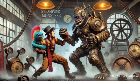 Adventurous Hero Faces Mechanical Monster in Steampunk Workshop – AI Generated Video | Hailuo AI