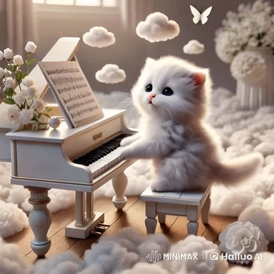 Tiny White Kitten Plays Piano, Sings in Whimsical Animated Scene – AI Generated Video | Hailuo AI
