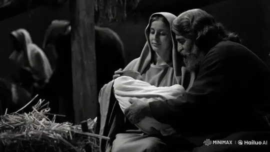 Noir-Style Monochromatic Nativity Scene – AI Generated Video | Hailuo AI
