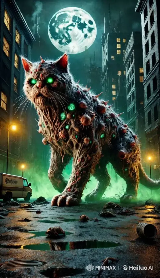 Monstrous Cat Haunts Futuristic Urban Night – AI Generated Video | Hailuo AI