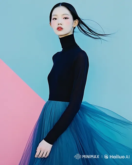 Model Showcases Grace in Pastel Setting with Flowing Skirt – AI Generated Video | Hailuo AI