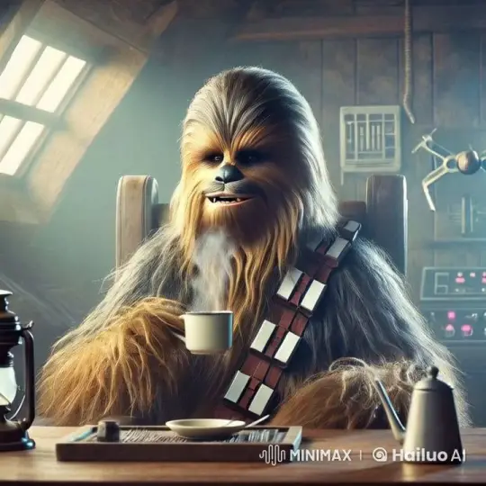 Chewbacca-like Character Enjoying Coffee in Rustic Setting – AI Generated Video | Hailuo AI