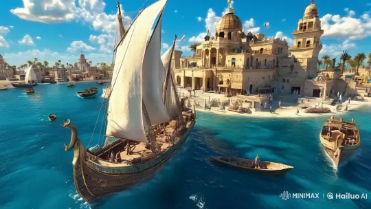 Ancient Port City with Graceful Sailing Ship – AI Generated Video | Hailuo AI