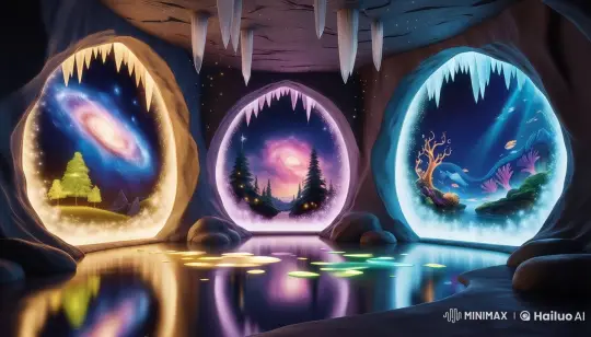 Magical Cavern Illuminated: Cosmic, Forest, Ocean Views – AI Generated Video | Hailuo AI