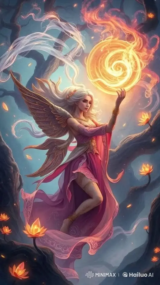 Enchanted Forest: Ethereal Being with Golden Wings and Fiery Orb – AI Generated Video | Hailuo AI