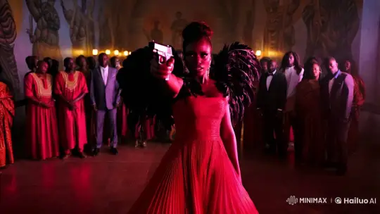 Surreal Hall: Woman in Crimson Commands with Gun – AI Generated Video | Hailuo AI