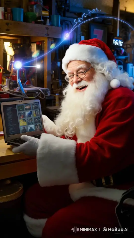 Santa Claus Joyfully Works on His Laptop in a Festive Workshop – AI Generated Video | Hailuo AI