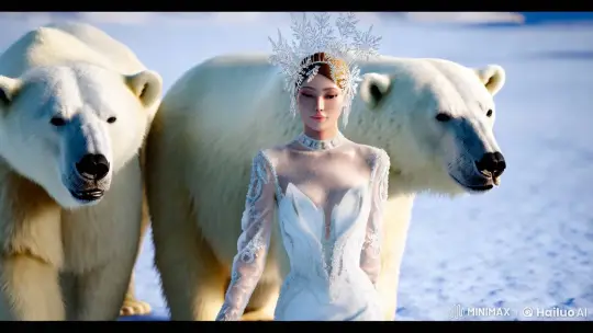 Elegant Woman and Polar Bears in Winter Couture Display – AI Generated Video | Hailuo AI