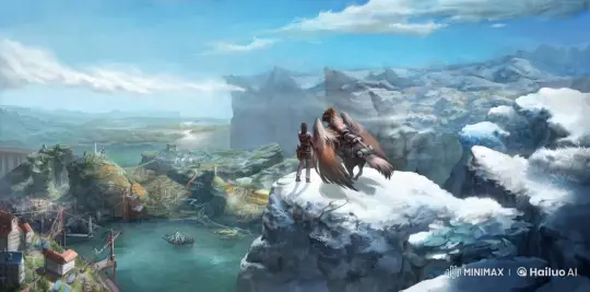 Adventurer and Winged Creature Survey a Vibrant Valley Landscape – AI Generated Video | Hailuo AI