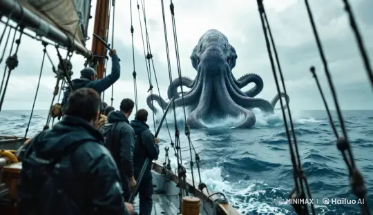 Sailors Face Gigantic Octopus Sea Monster at Sea – AI Generated Video | Hailuo AI