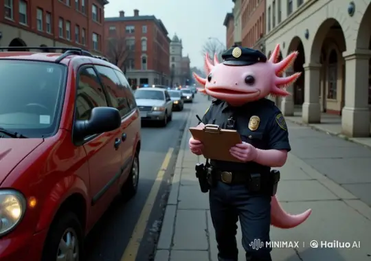 Anthropomorphic Axolotl Police Officer on City Sidewalk – AI Generated Video | Hailuo AI
