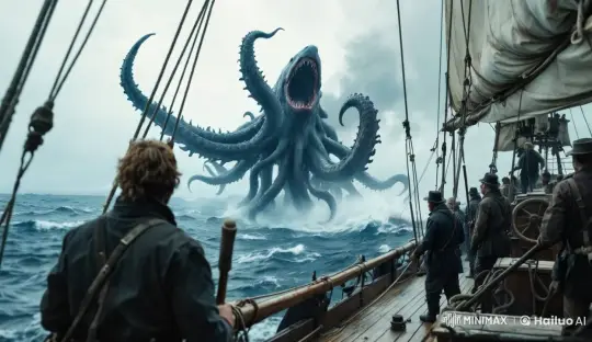 Sea Creature Attacks Old Wooden Ship Amidst Stormy Seas – AI Generated Video | Hailuo AI
