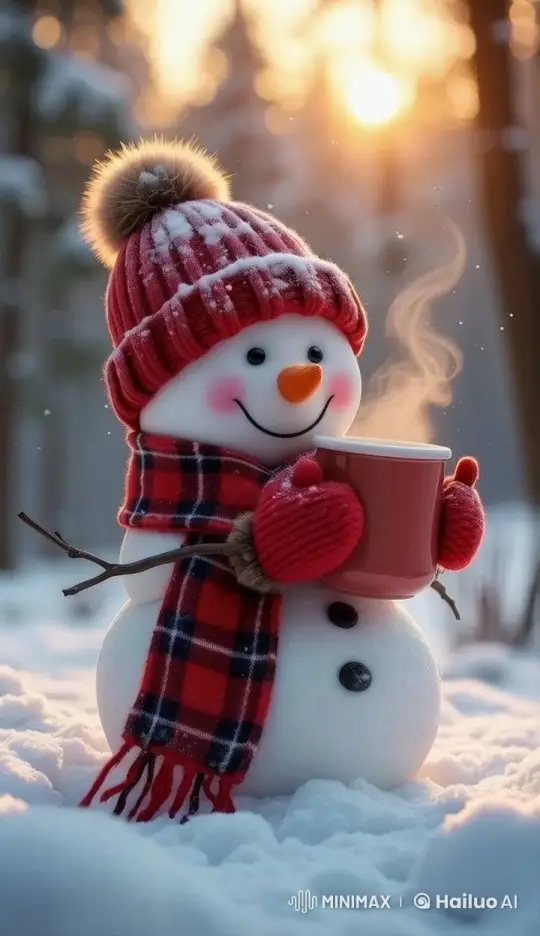 Cheerful Snowman Enjoys Hot Drink in Winter Wonderland – AI Generated Video | Hailuo AI