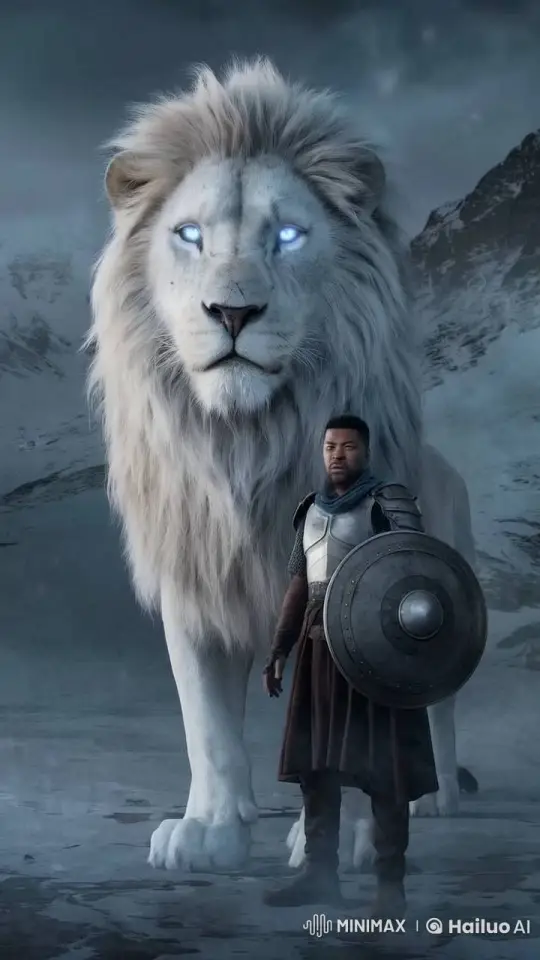 Warrior and Majestic White Lion in Snowy Mountains – AI Generated Video | Hailuo AI
