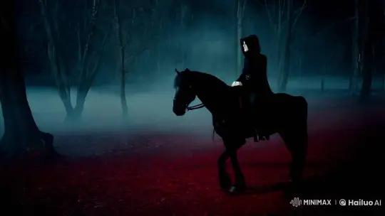 Ethereal Night Ride of a Hooded Figure – AI Generated Video | Hailuo AI