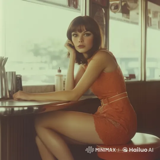 Young Woman in Orange Dress at Retro Diner – AI Generated Video | Hailuo AI