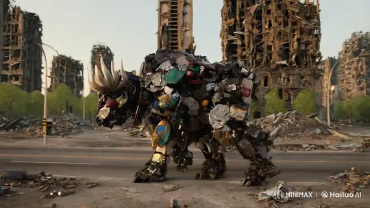 Mechanical Minotaur in Decaying Metropolis Panorama – AI Generated Video | Hailuo AI