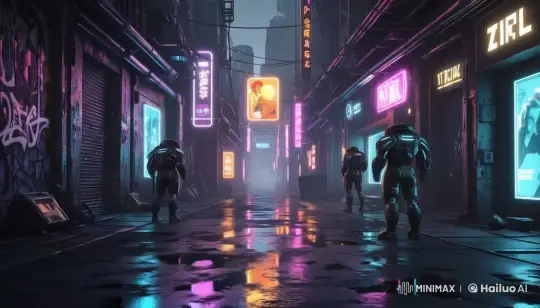 Cyberpunk Alley: Armored Figures in Neon Mystery – AI Generated Video | Hailuo AI