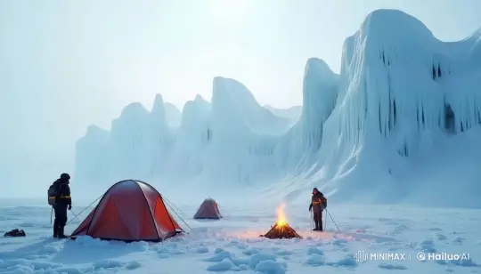 Arctic Campsite: Explorers Amidst Snowy Wilderness – AI Generated Video | Hailuo AI