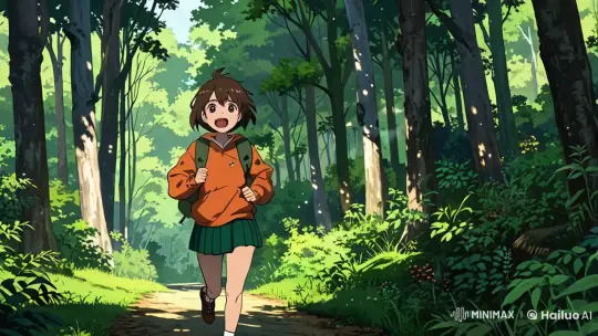 Excited Girl Runs Through Nostalgic Forest Animation – AI Generated Video | Hailuo AI