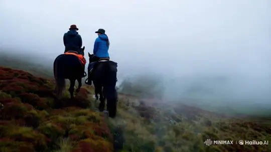 Tranquil Horseback Ride Through Misty, Mystical Hills – AI Generated Video | Hailuo AI