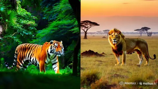 Split-Screen: Majestic Tiger in Jungle vs. Lion on Savanna – AI Generated Video | Hailuo AI