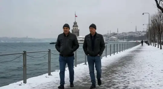 Winter Promenade: Men Walking and Chatting in Snowy Scenery – AI Generated Video | Hailuo AI
