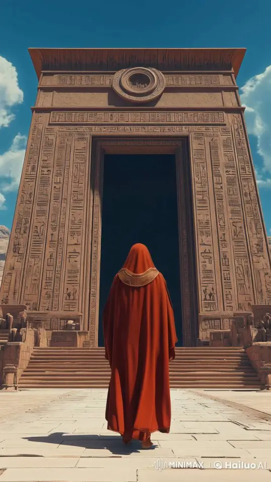 Ancient Gateway: Robed Figure Approaches Mystical Entrance – AI Generated Video | Hailuo AI