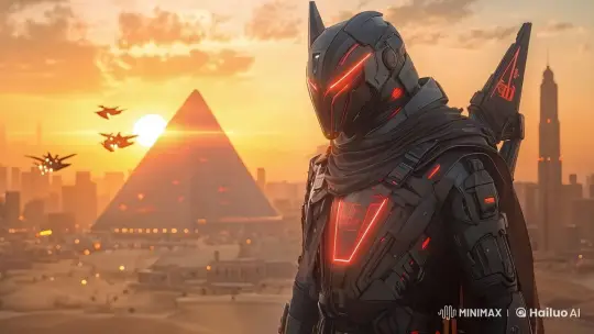 Cybernetic Warrior in Futuristic Cityscape at Sunset – AI Generated Video | Hailuo AI