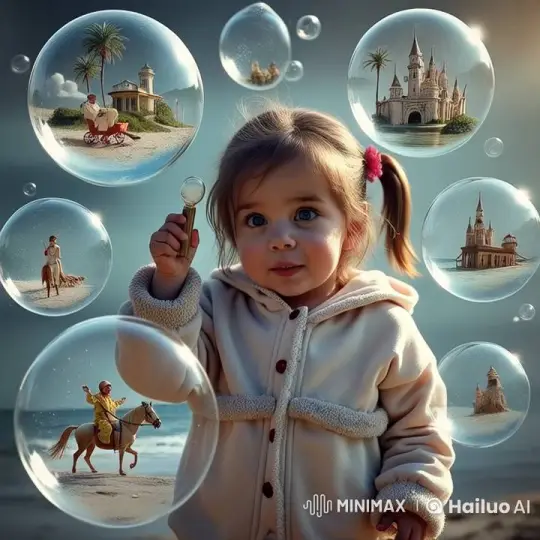 Girl Blows Enchanted Bubbles on the Beach – AI Generated Video | Hailuo AI