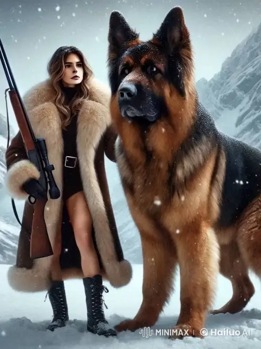 Luxurious Varda Walks with Bulldog in Snowy Jungle – AI Generated Video | Hailuo AI