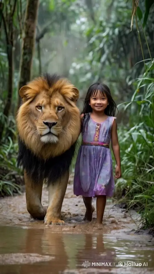 Girl and Lion Stroll Through Enchanted Forest – AI Generated Video | Hailuo AI